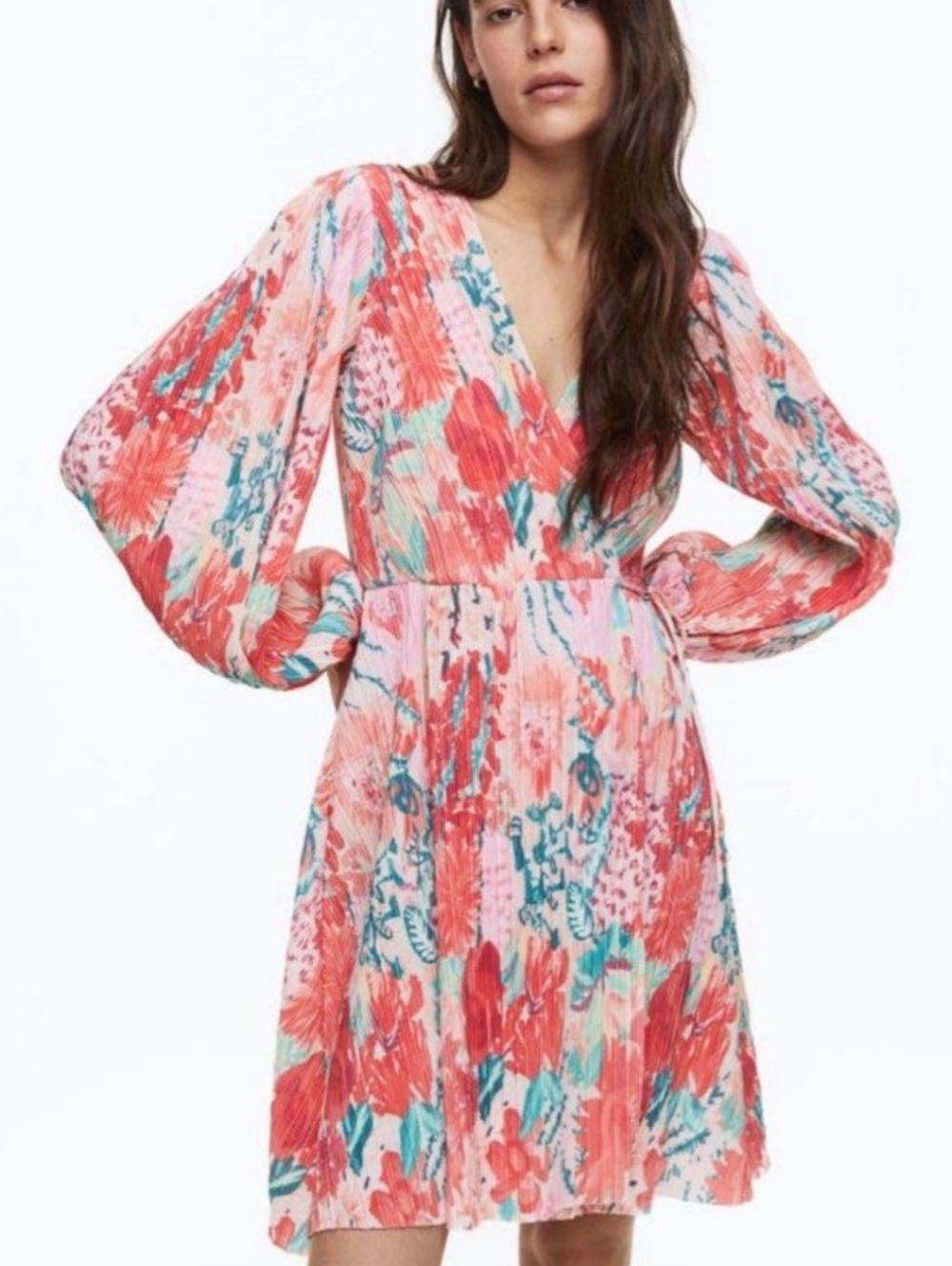 H&M Coral Floral Pleated Wrap Dress